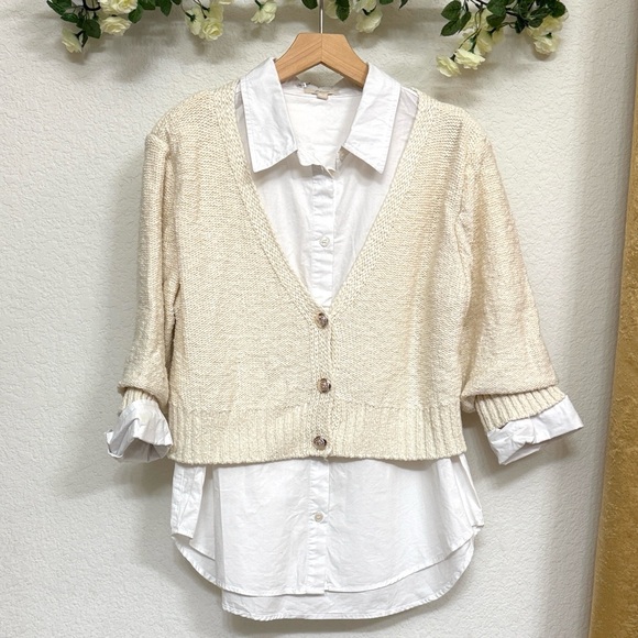Elan Sweaters - Elan • Cream Knit Cardigan with Attached White Button Up Shirt
